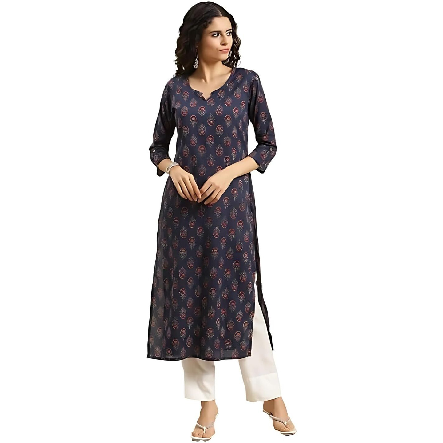 Varanga Women Navy Blue Ethnic Motifs Straight Kurta  Round Neckline With V Notch, 3/4Th Sleeves, Side Slit, Printed Design, Comfortable & Stylish Indian Wear (Large)