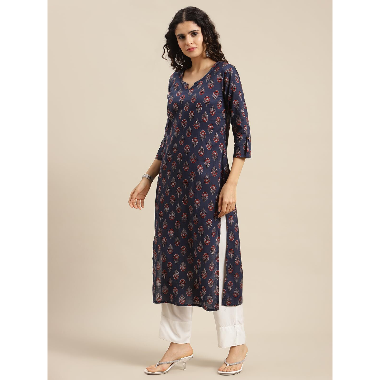 Varanga Women Navy Blue Ethnic Motifs Straight Kurta  Round Neckline With V Notch, 3/4Th Sleeves, Side Slit, Printed Design, Comfortable & Stylish Indian Wear (Large)