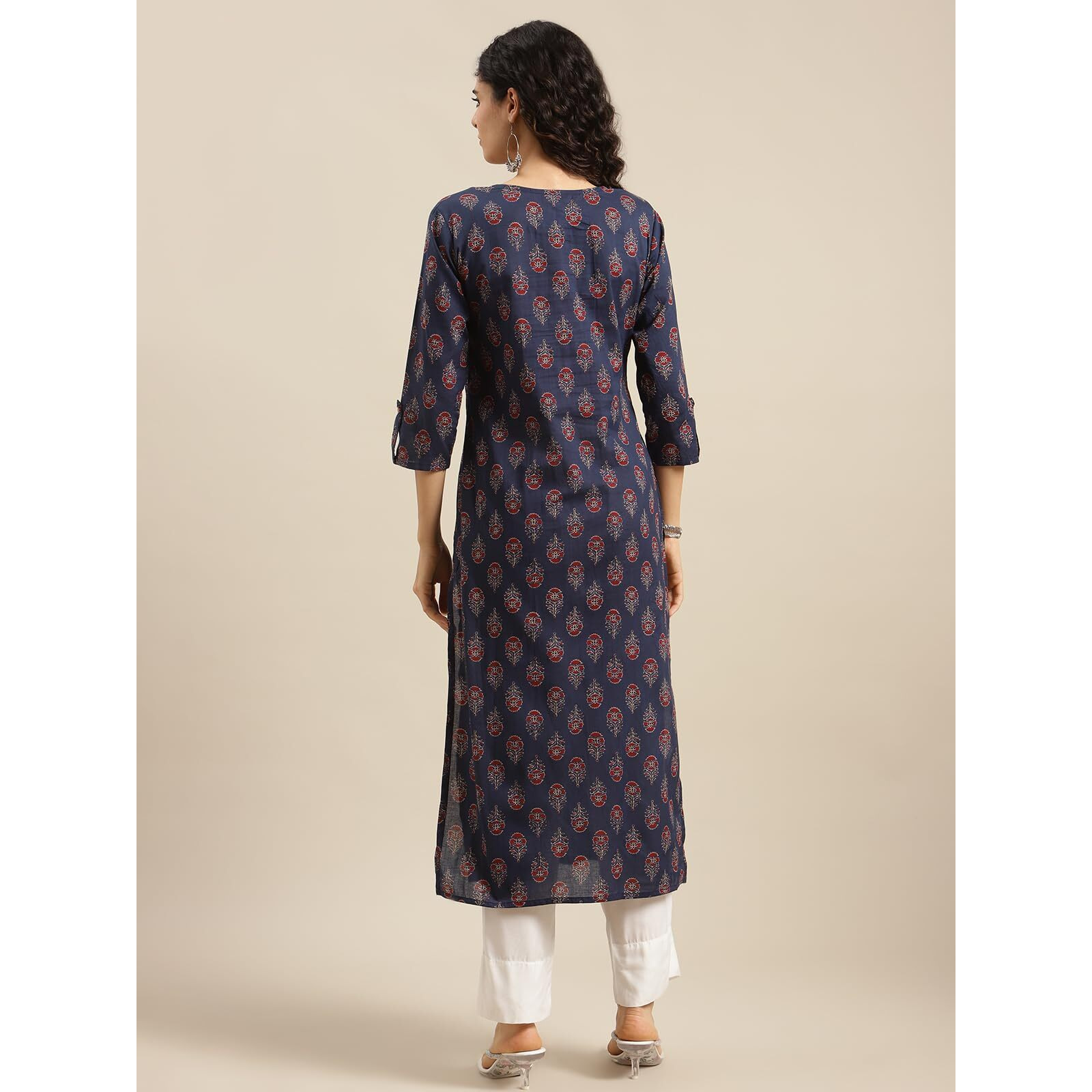 Varanga Women Navy Blue Ethnic Motifs Straight Kurta  Round Neckline With V Notch, 3/4Th Sleeves, Side Slit, Printed Design, Comfortable & Stylish Indian Wear (Large)
