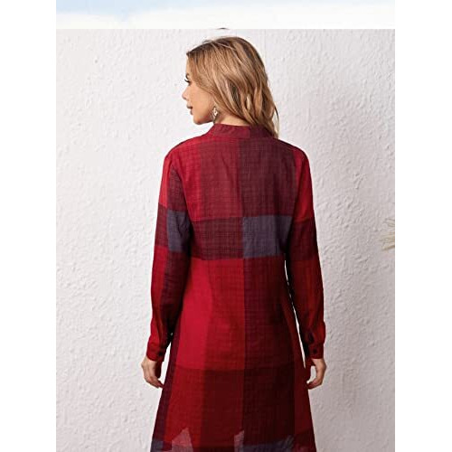Greciilooks Western Dress For Women| Color Block Tunic Dress| Shirt Collar Half Button Western Dress| Long Slleve Dress| Best Gift For Girls| Knee Lenth Summer Dress (Large, Red)