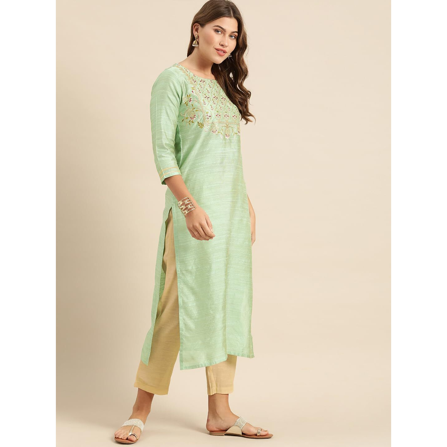 Varanga Women's Sea Green Floral Embroidered Kurta  Ethnic, Stylish & Comfortable - Perfect For Casual & Formal Occasions (Small)