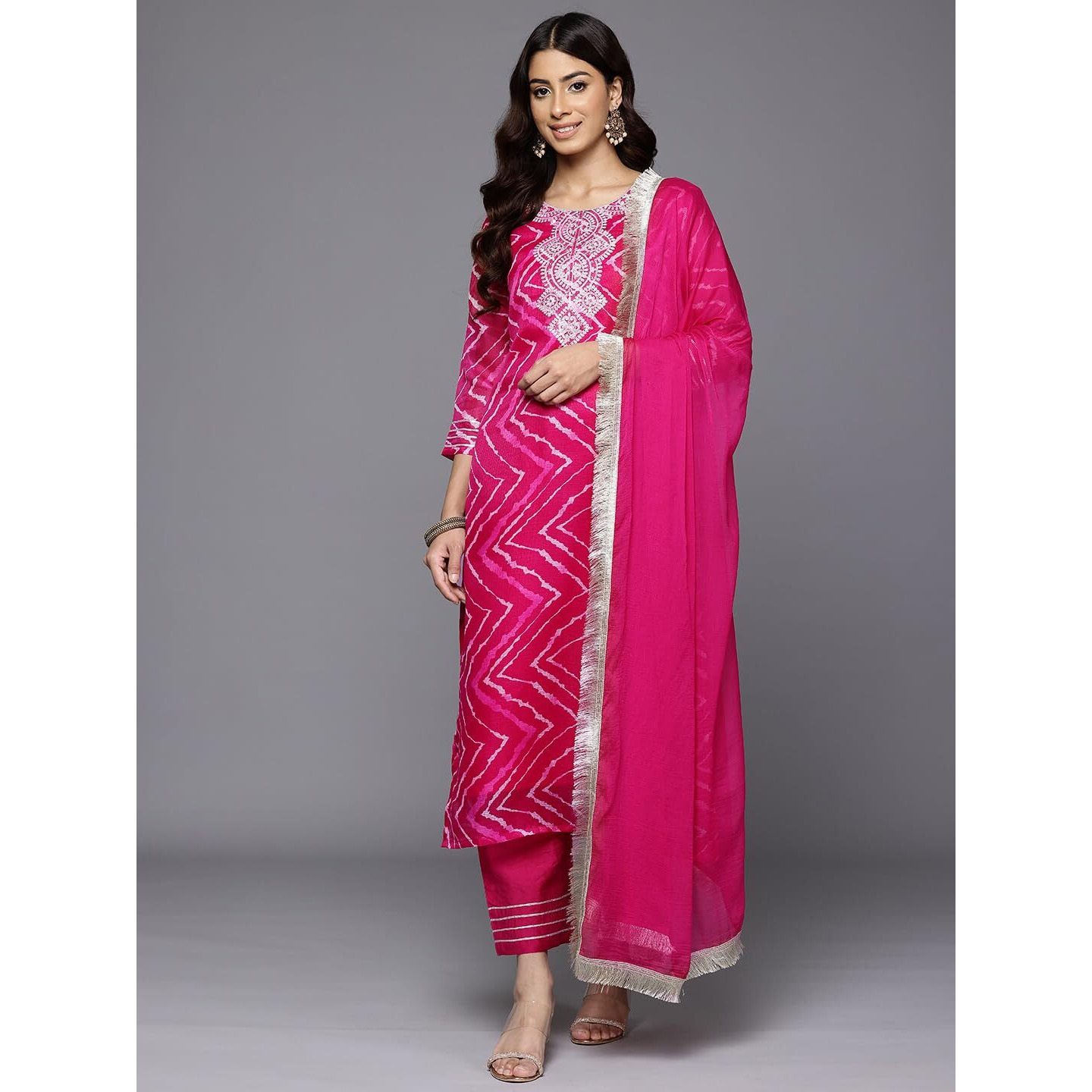 Varanga Women Fuchsia Bandhani Printed Zari Embroidered Kurta With Bottom And Dupatta