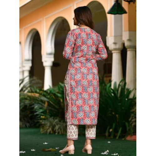 Greciilooks Womens Regular Cotton Blend Regular Fit Kurta Set (Pink, X-Large)