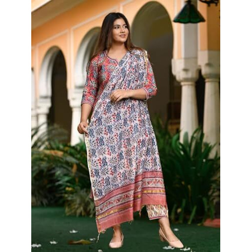 Greciilooks Womens Regular Cotton Blend Regular Fit Kurta Set (Pink, X-Large)