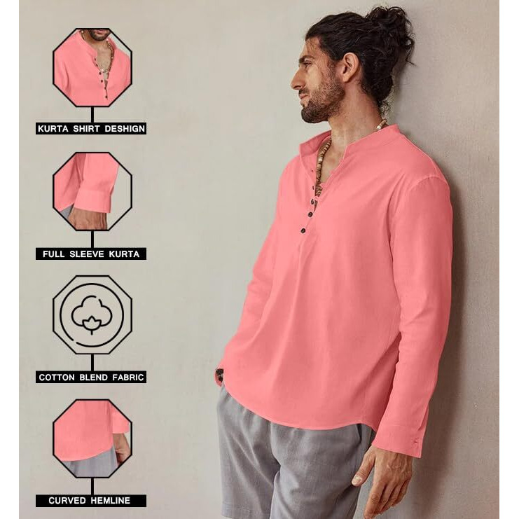 Royalscout Men's Cotton Solid Full Sleeve Short Kurta Shirt Peach