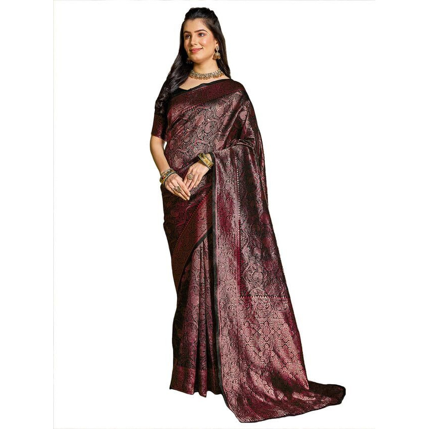 Satrani Women's Art Silk Jacquard Saree With Unstitched Blouse Piece (3392S268N_Black & Red)