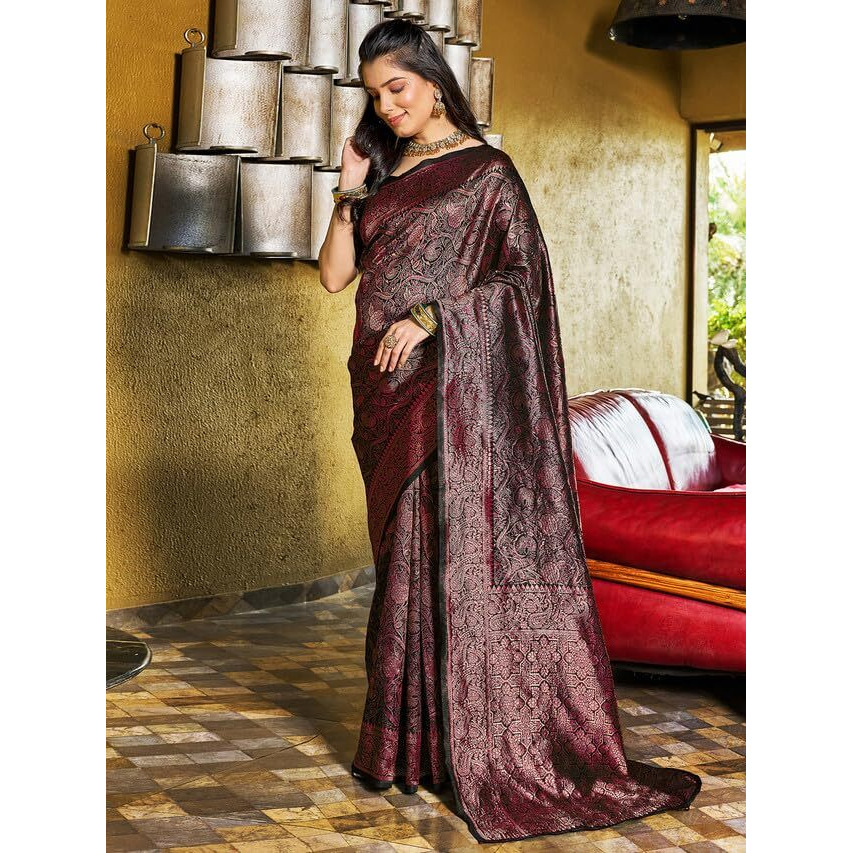 Satrani Women's Art Silk Jacquard Saree With Unstitched Blouse Piece (3392S268N_Black & Red)
