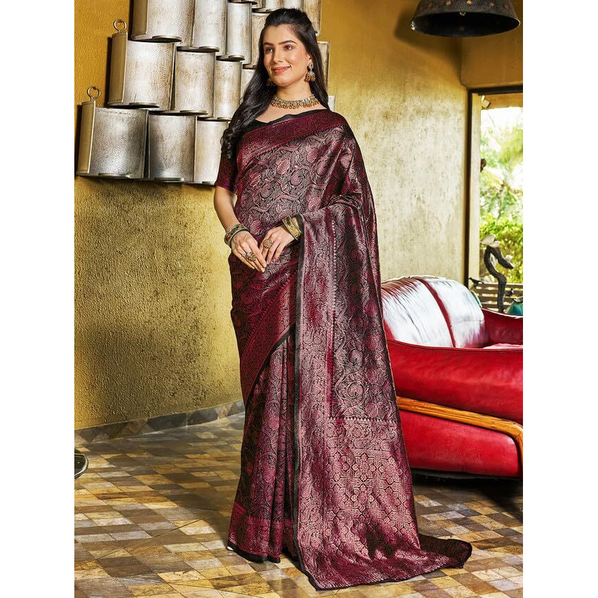 Satrani Women's Art Silk Jacquard Saree With Unstitched Blouse Piece (3392S268N_Black & Red)