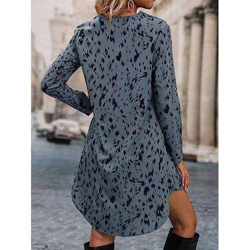Greciilooks Western Dress For Women| Leopard Printed Rayon Western Dress| V Neck Low Hem Tunic Dress| Rolled Long Sleeve Western Dress| Sumner Wear| Outdoor Wear (Small, Grey)