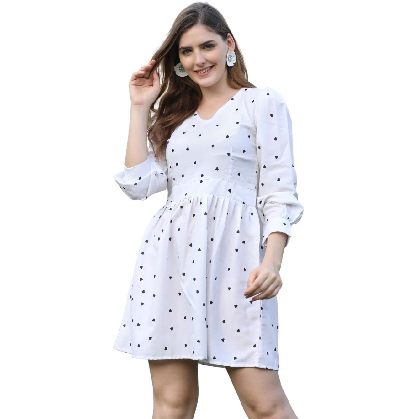 Greciilooks Western Dress For Women - Printed A-Line Midi Western Dress & V Neck Puff Sleeve Dress For Girls Suitable For Function, Outdoor, Birthday, Event, Office(Pack Of 1) (Medium, White)