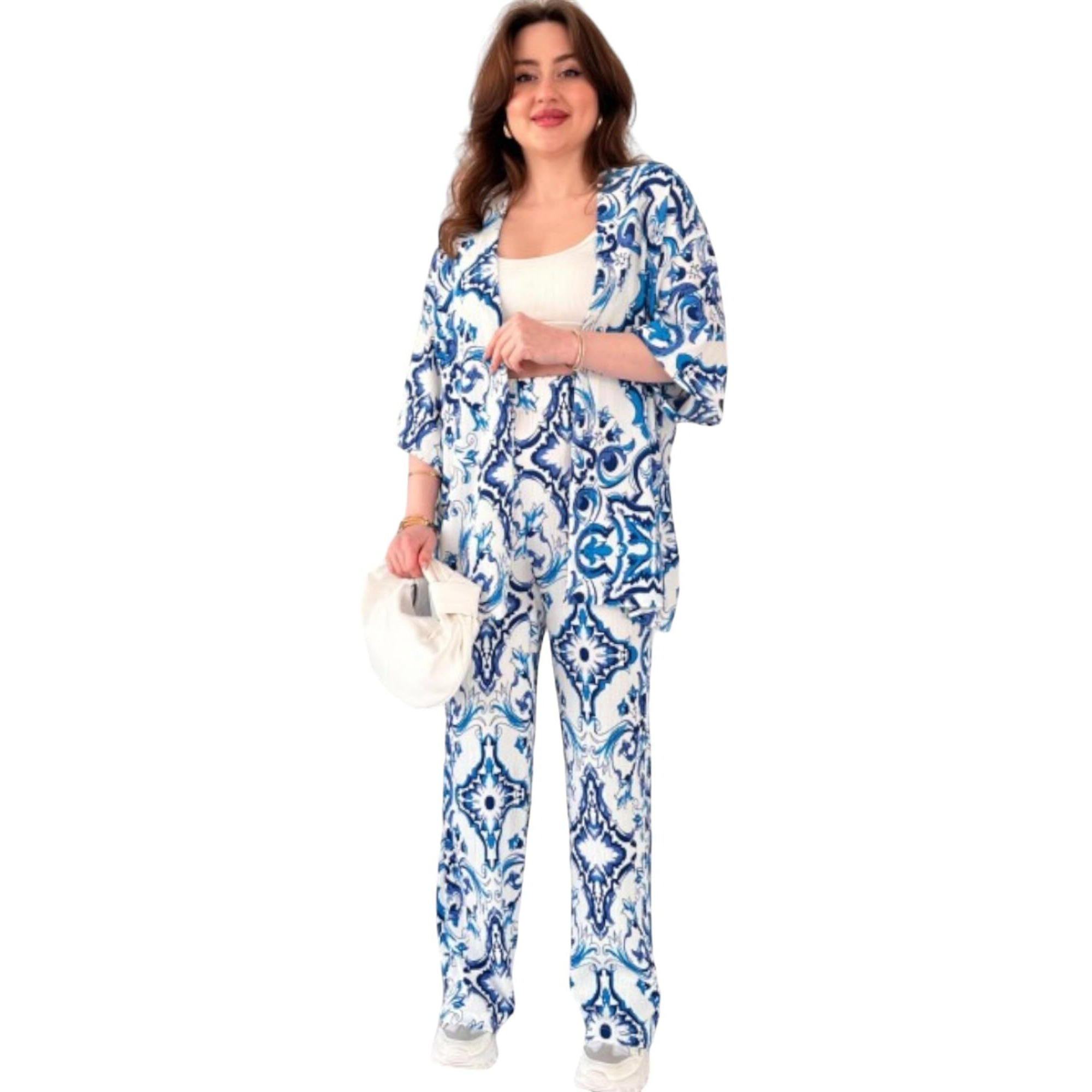 Gufrina Women's Co-Ords Set - Blue And White Baroque Print Shirt Collar Button-Down Top And Wide-Leg Pants, Rayon Fabric (Sky Blue M)