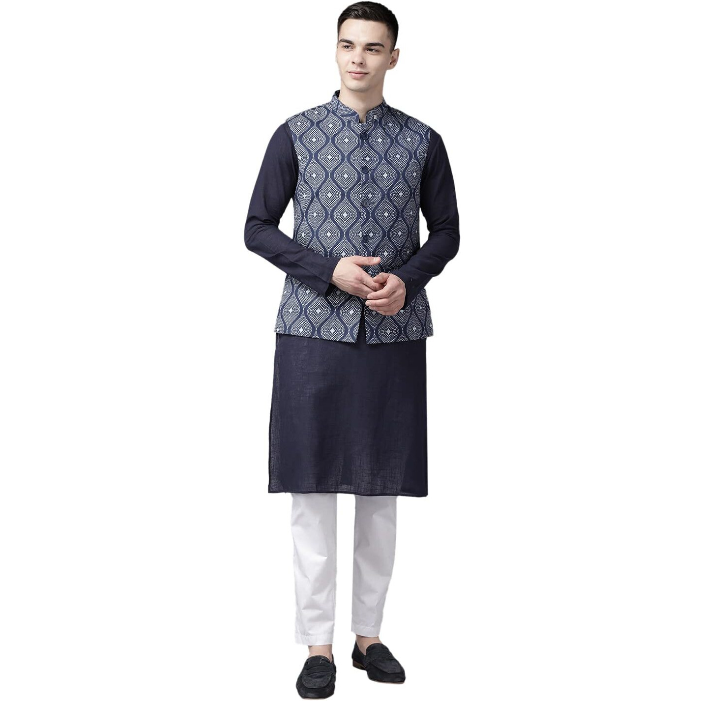 See Designs Men Blue & Beige Printed Pure Cotton Kurta Pyjama With Nehru Jacket_Sdnj23001Xl