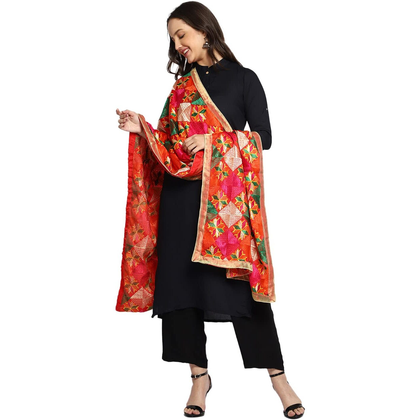 Weavers Villa Women's Polyester Heavy Phulkari Embroided Dupatta, Chunni (2.25 Mtrs) (Design-08)