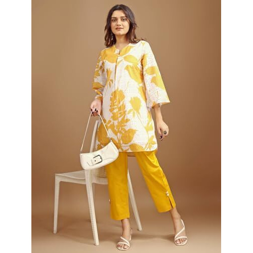 Womanista Cotton Blend Women's Yellow & White Hakoba Printed Tunic With Trouser Cord Set(Co-Ords_9093_S)