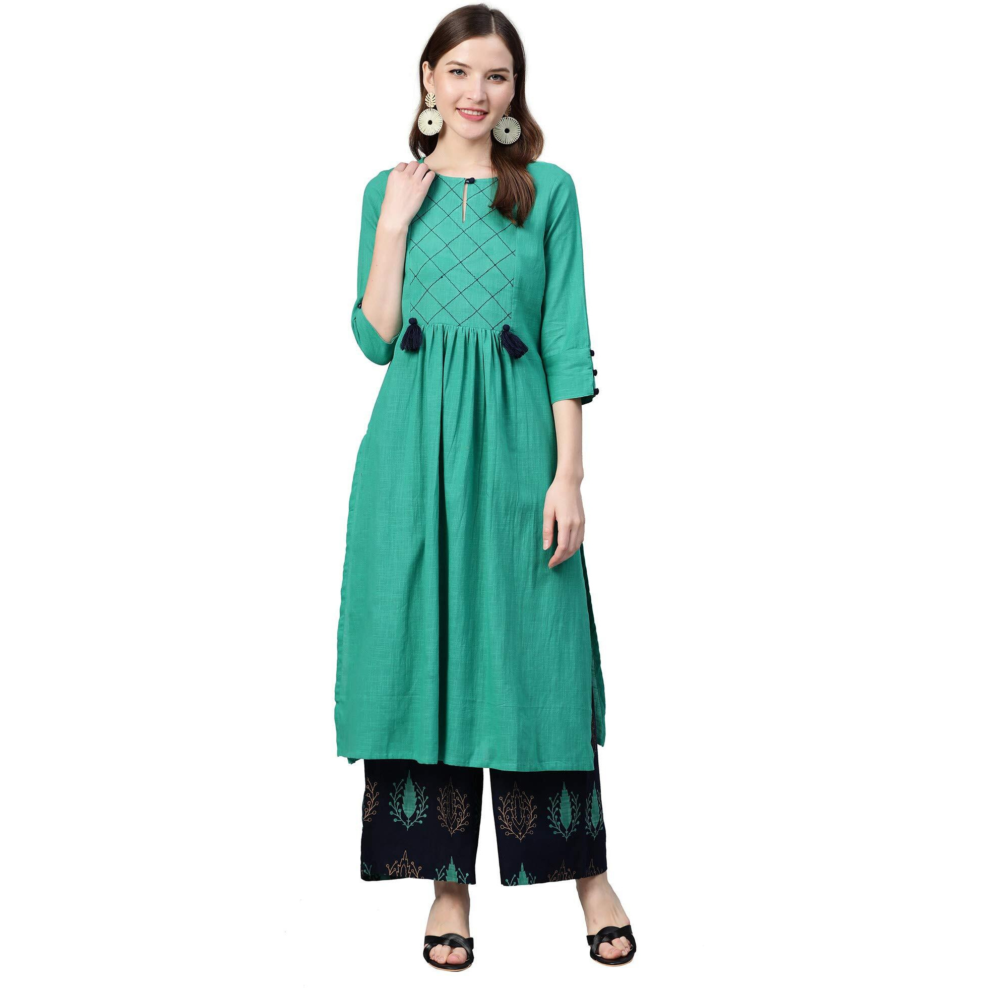 Idalia Navy Blue & Rama Green Ethnic Kurta Set For Women 3/4 Sleeve, Round Neck Cotton A-Line Solid Kurta With Palazzo Pant Set