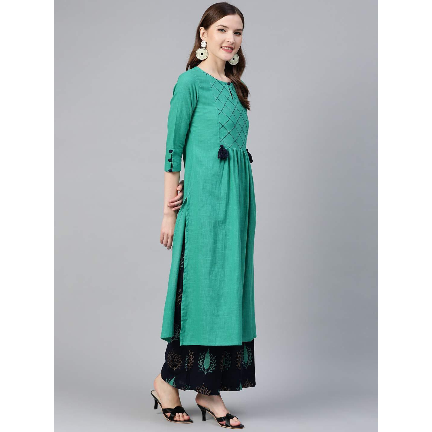 Idalia Navy Blue & Rama Green Ethnic Kurta Set For Women 3/4 Sleeve, Round Neck Cotton A-Line Solid Kurta With Palazzo Pant Set