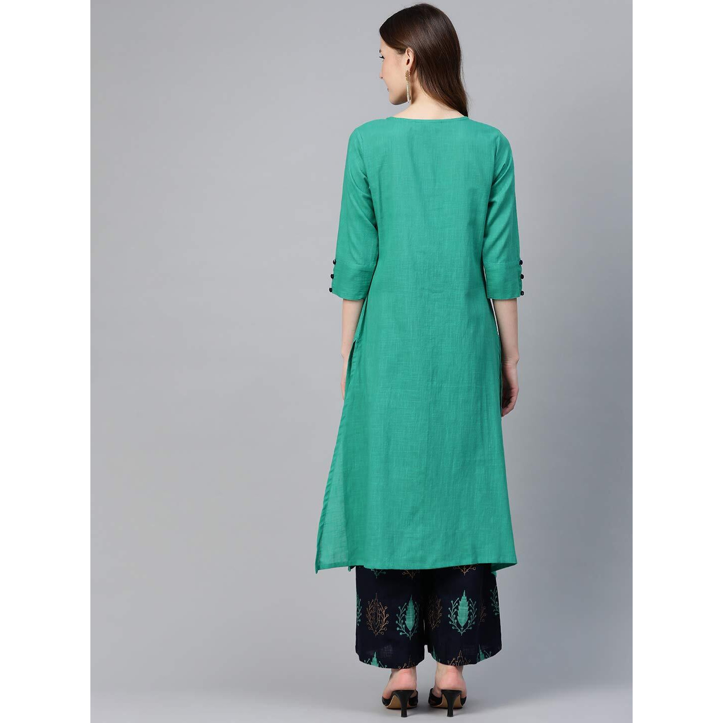 Idalia Navy Blue & Rama Green Ethnic Kurta Set For Women 3/4 Sleeve, Round Neck Cotton A-Line Solid Kurta With Palazzo Pant Set