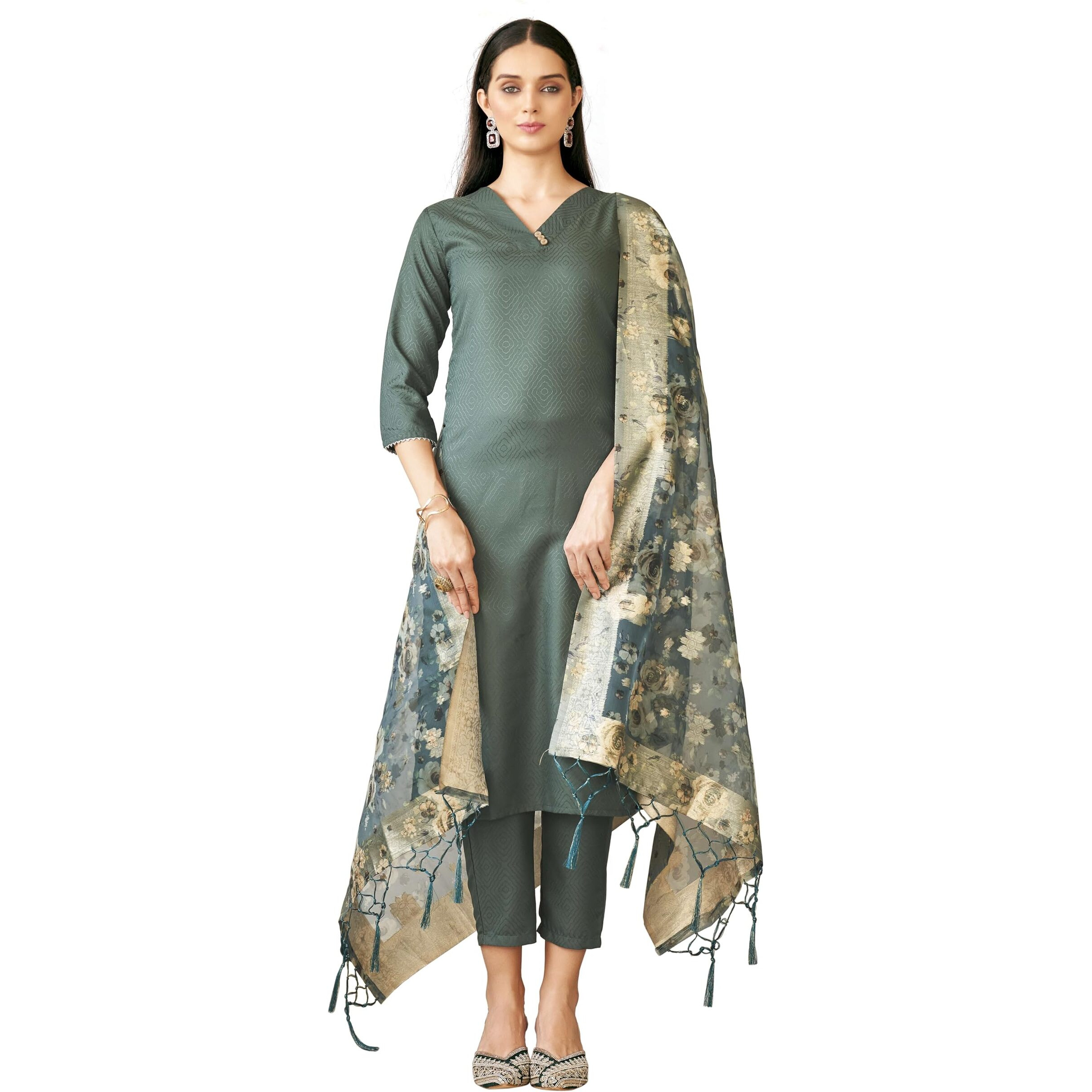 Womanista Women's Bottle Green Poly Silk Straight Kurta And Pants With Printed Dupatta (Kurtaset_1326_Xl)