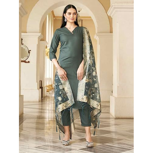 Womanista Women's Bottle Green Poly Silk Straight Kurta And Pants With Printed Dupatta (Kurtaset_1326_Xl)