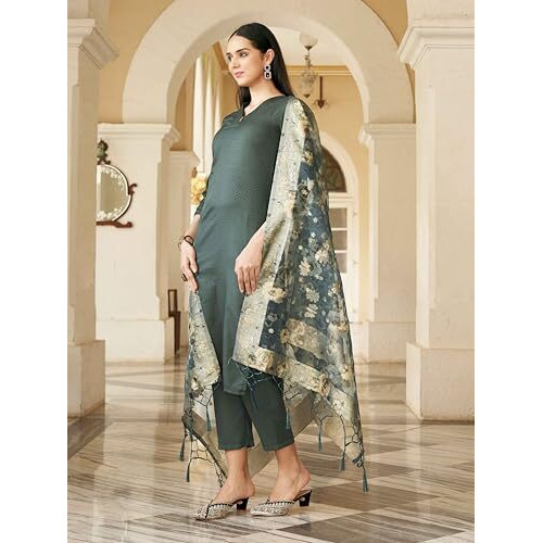 Womanista Women's Bottle Green Poly Silk Straight Kurta And Pants With Printed Dupatta (Kurtaset_1326_Xl)