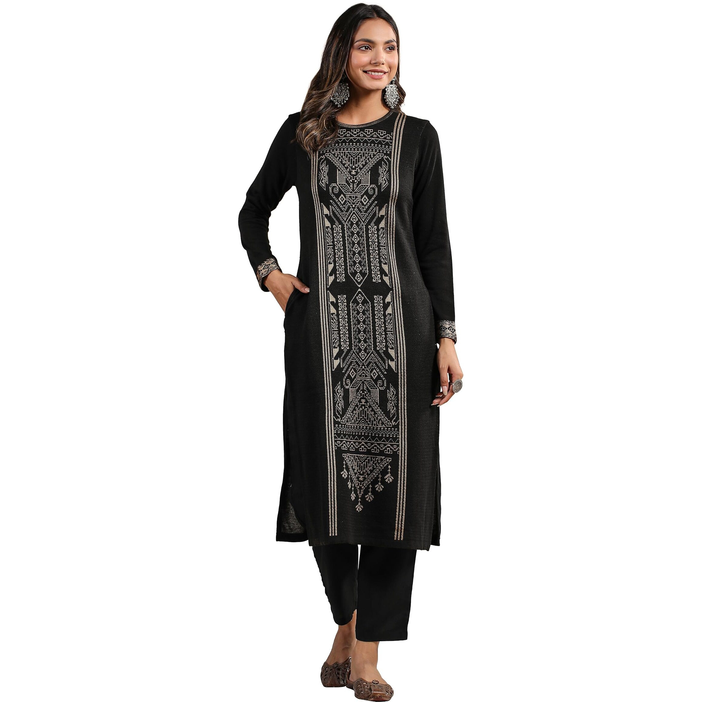 Ishin Women's Black Jacquard Style Geometric Pattern Straight Winterwear Kurta
