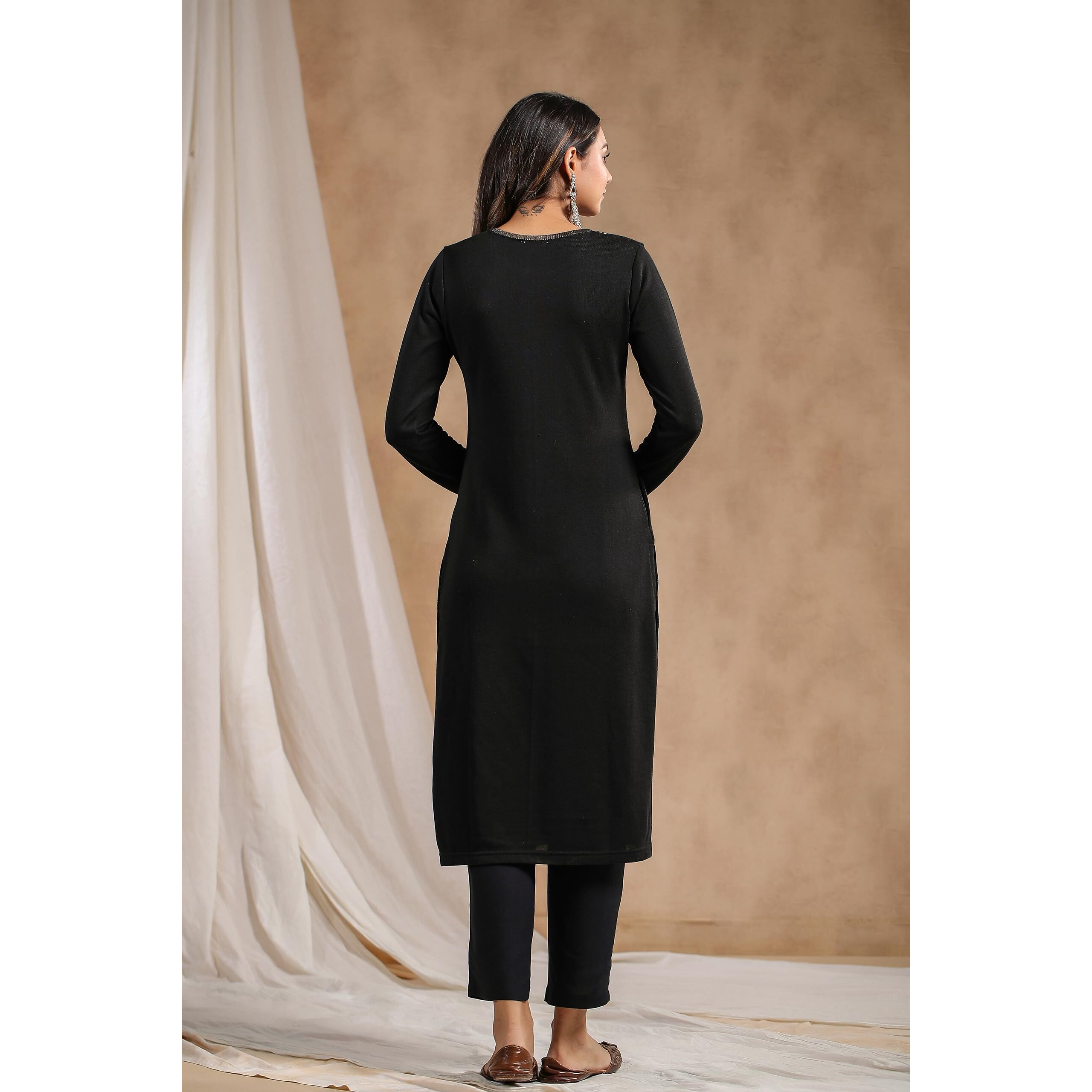 Ishin Women's Black Jacquard Style Geometric Pattern Straight Winterwear Kurta