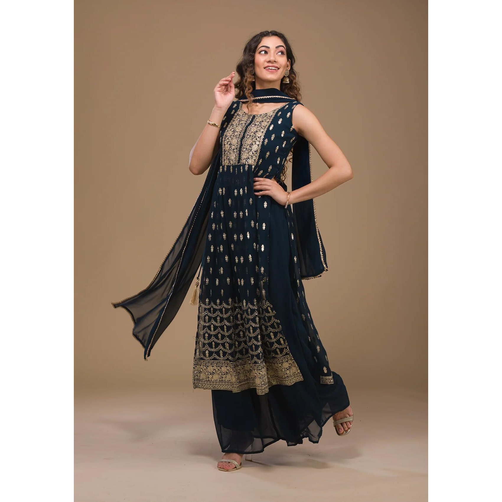 Xomantic Fashion Rani Pink Zariwork Georgette Readymade Salwar Suit (Small, Blue)