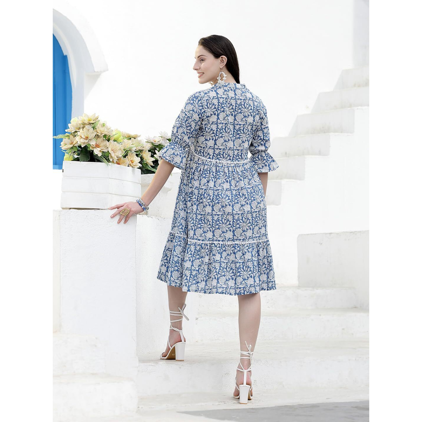 Stylum Women's Floral Printed Cotton Tiered A-Line Dress (Drssabik34_Blue, Xs)