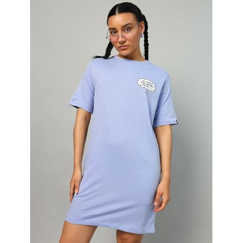 Bewakoof Heavy Duty 1.0 Official Garfield Merchandise Women's Graphic Printed Oversized Fit Half Sleeve Round Neck Terry T-Shirt Dress_ 589797_Purple_ 2Xl