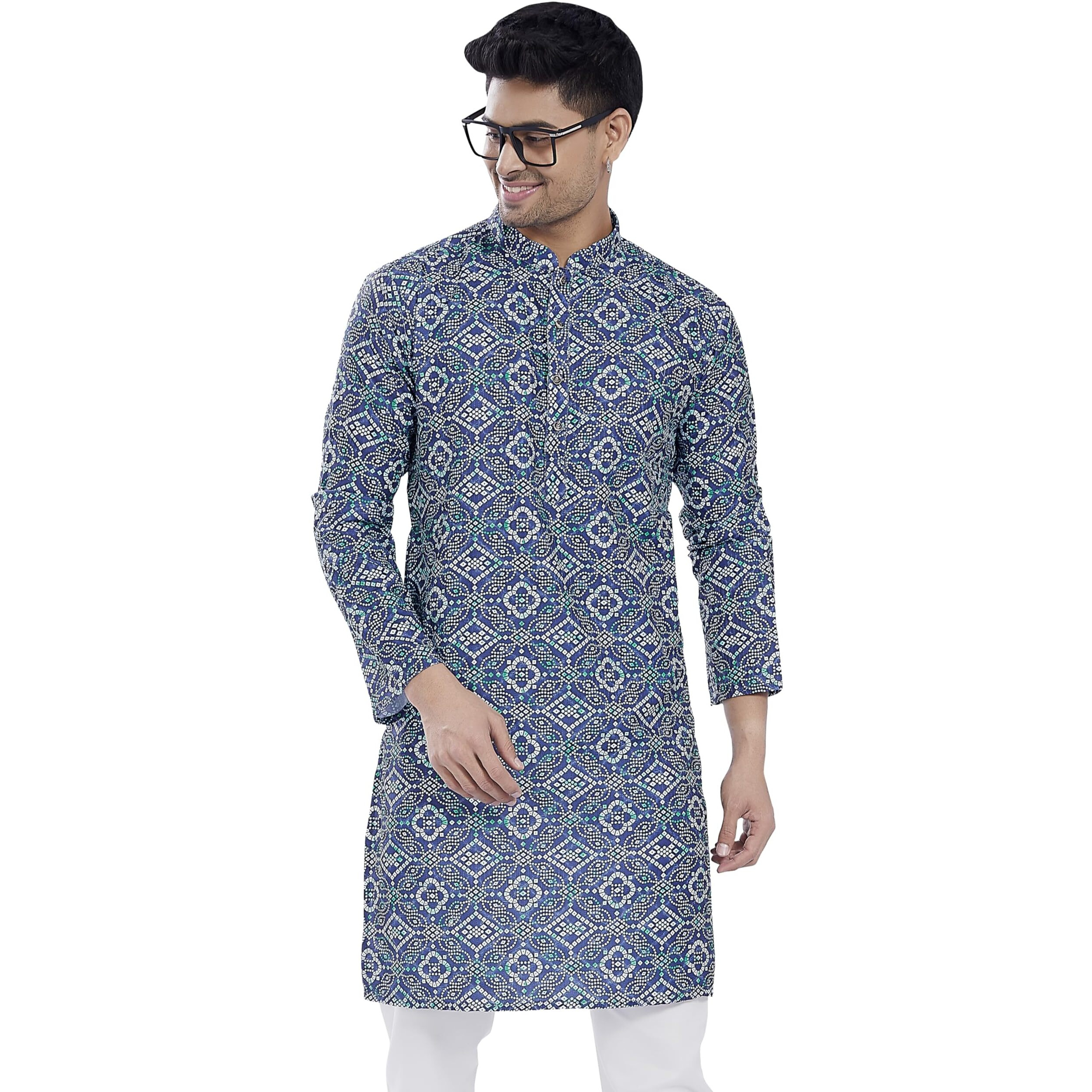 Divisive Men's Sequince Embroidered Printed Cotton Blend Only Slim Fit Kurta (Dkrt690_Xxl_Navy)