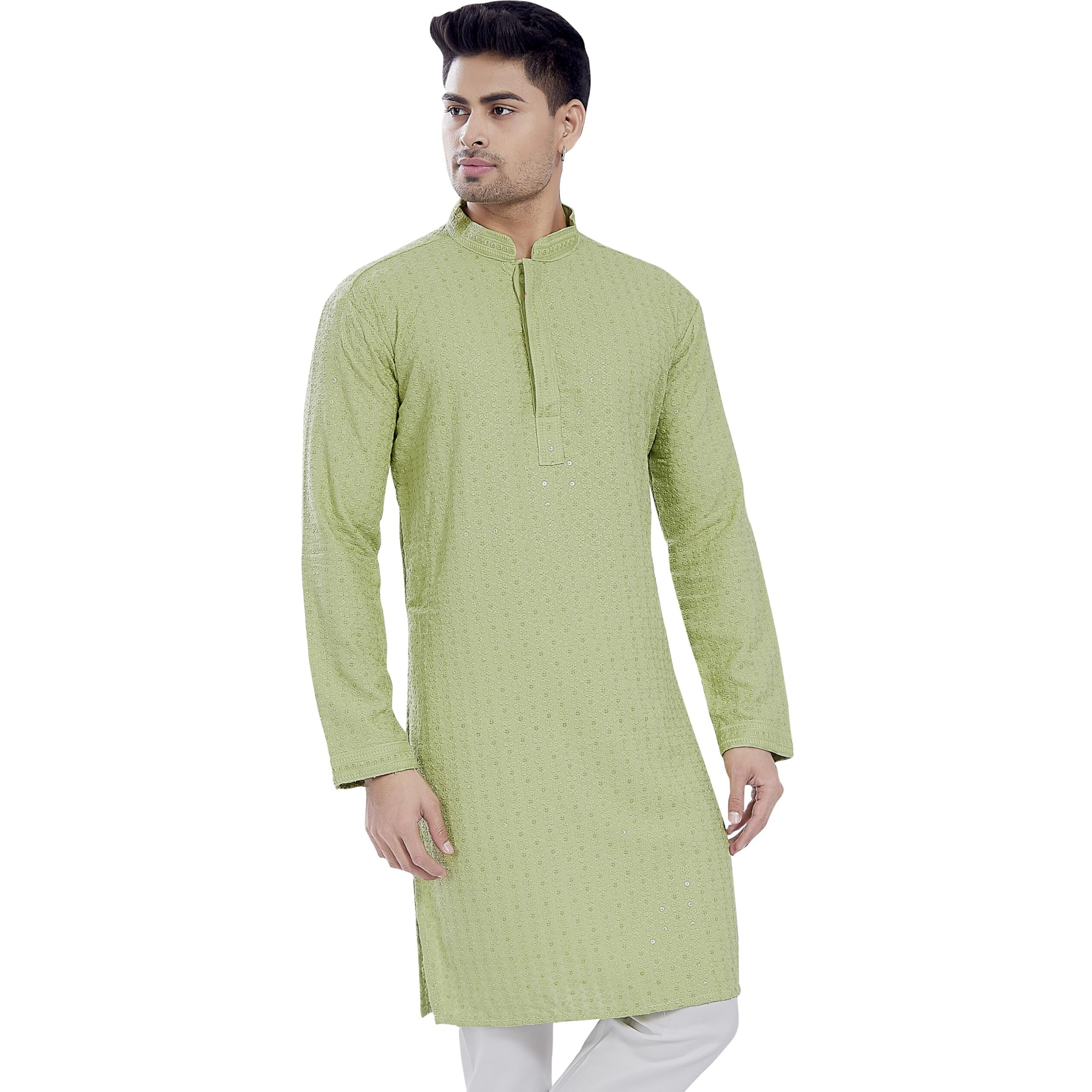 Divisive Men's Sequince Embroidered Cotton Blend Only Slim Fit Kurta (Dkrt516_S_Pista)