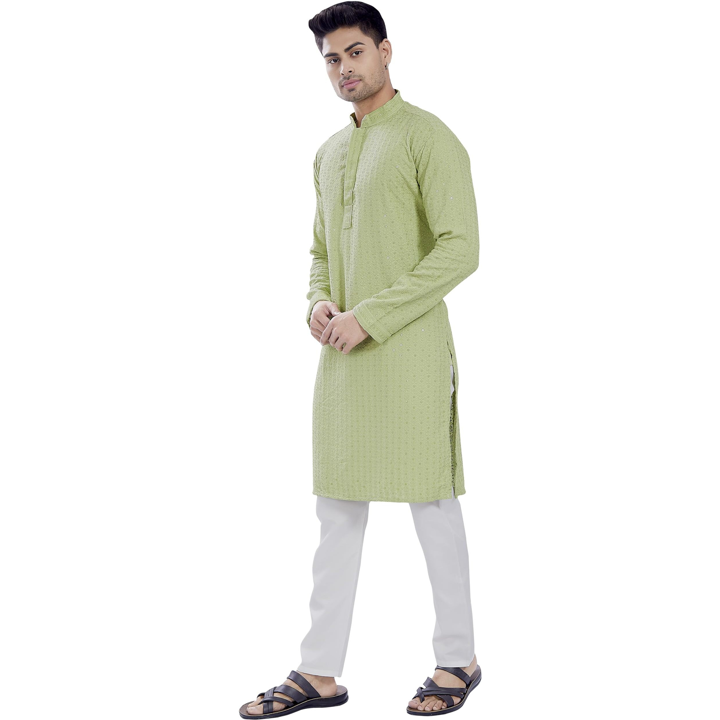Divisive Men's Sequince Embroidered Cotton Blend Only Slim Fit Kurta (Dkrt516_S_Pista)