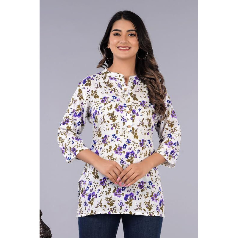 Jikonet Women's Printed Rayon Straight Short Kurti - 533, (Large, Ultrasonic Blue)