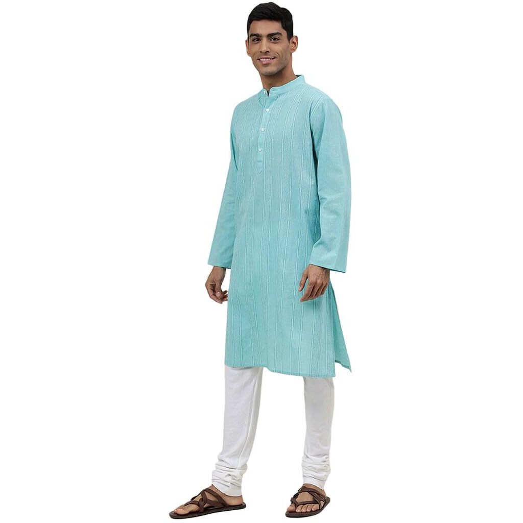 Fabindia Men's Cotton Self Design Relaxed Kurta (1030806Aqua_Aqua