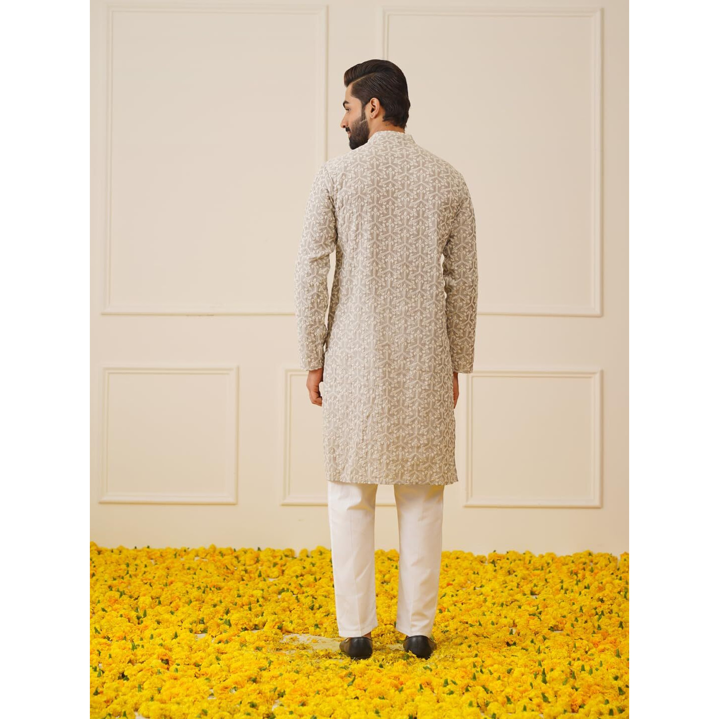 Jompers Men's Grey Chikankari Embroidered Kurta Pyjama Set. (Grey, Xxl)