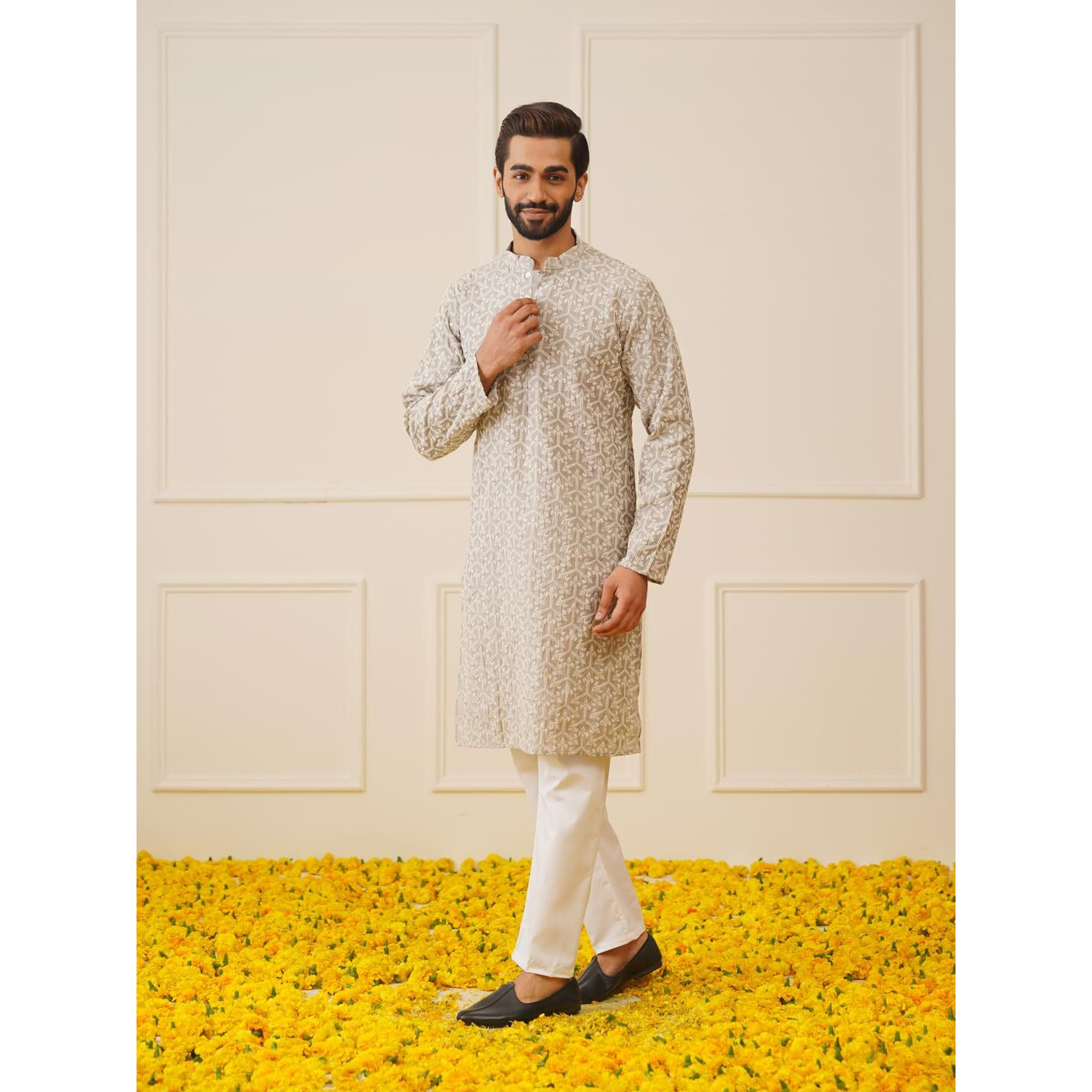 Jompers Men's Grey Chikankari Embroidered Kurta Pyjama Set. (Grey, Xxl)
