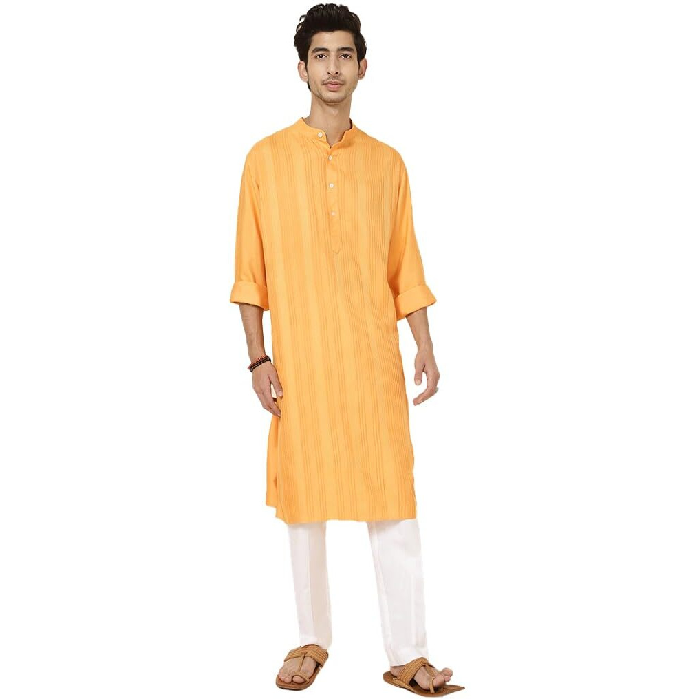 Fabindia Men's Silk Blend Slim Kurta (20062835_Yellow_L)