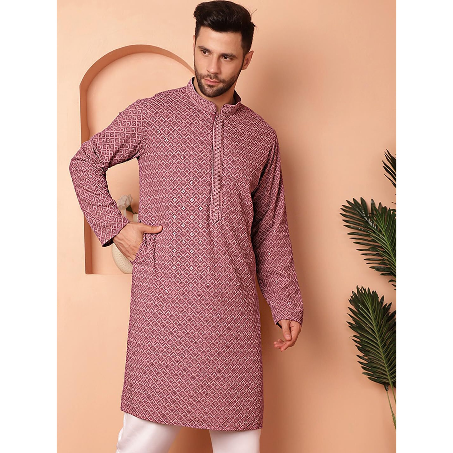Jompers Men Magenta Embroidered And Sequence Kurtas (Magenta, L)