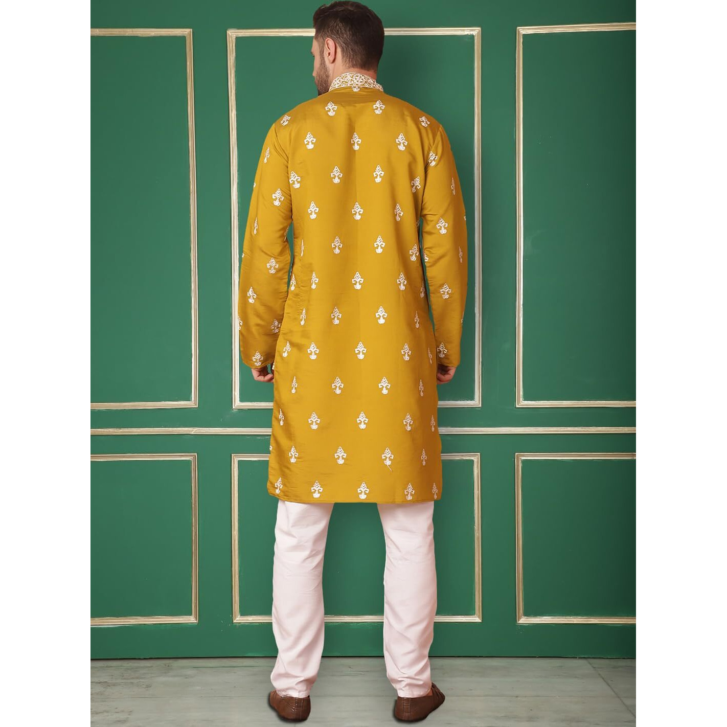 Jompers Men's Mustard Chikankari Embroidered Kurta With Pyjama. (Mustard, M)