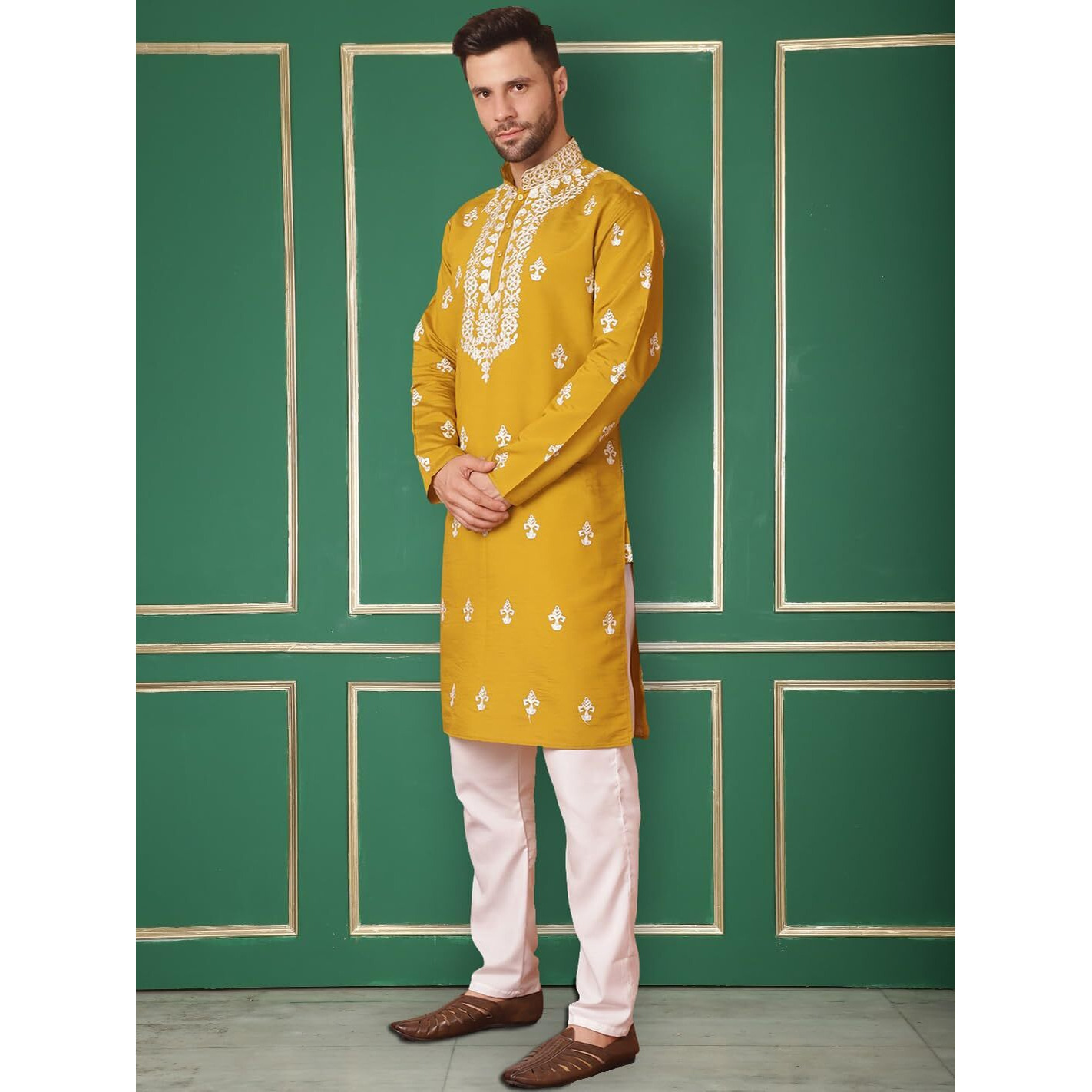 Jompers Men's Mustard Chikankari Embroidered Kurta With Pyjama. (Mustard, M)