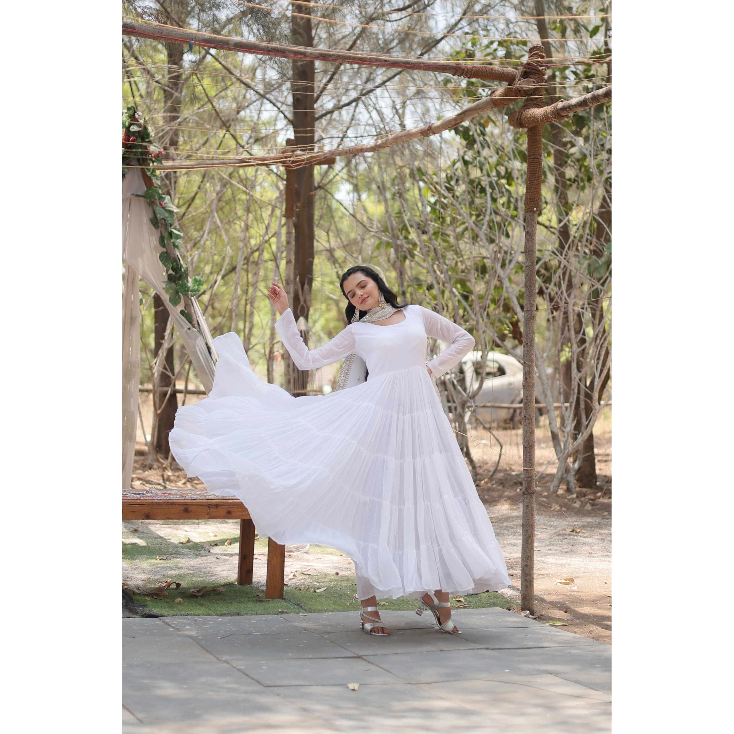 Fashion Basket Women's Georgette Solid Anarkali Dress White