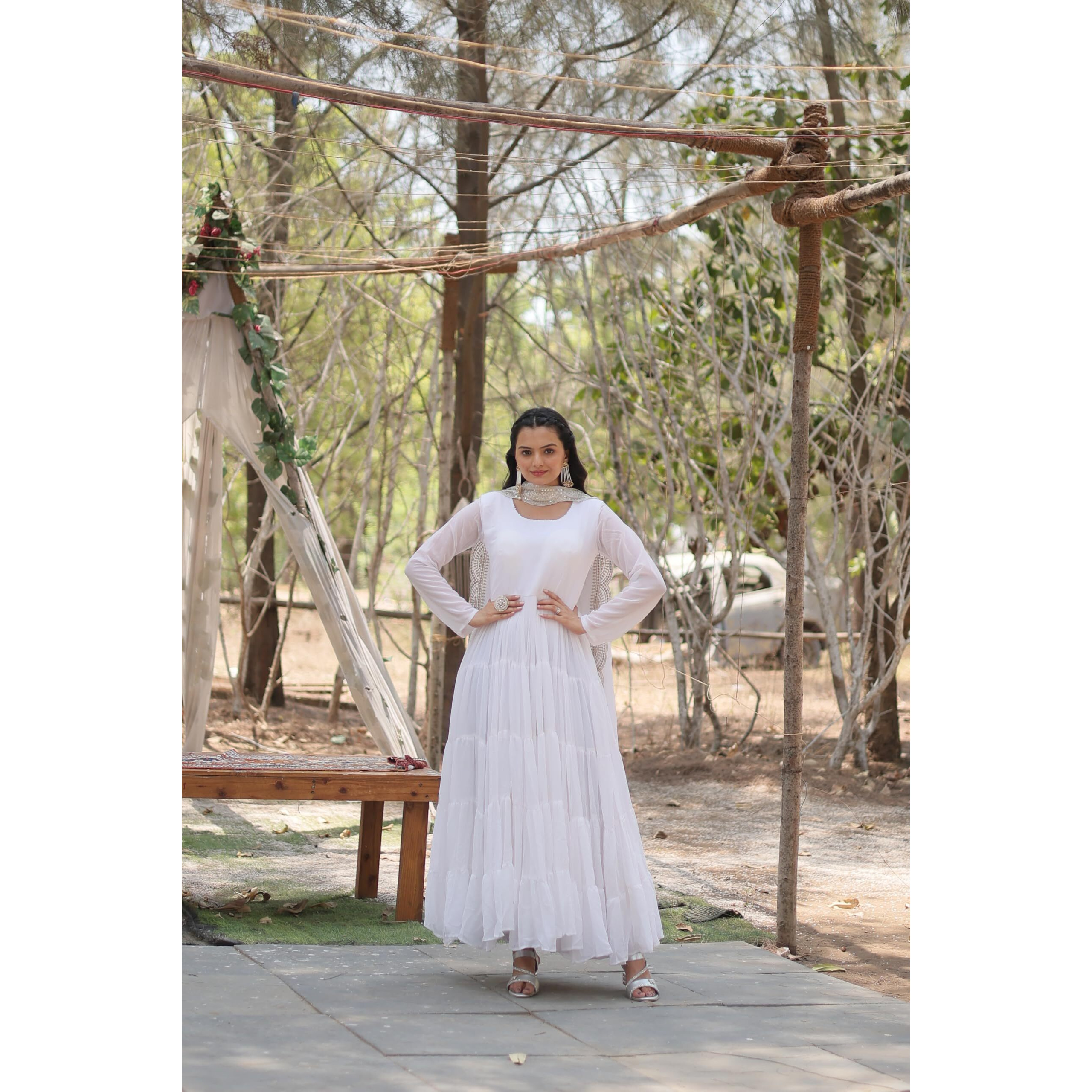 Fashion Basket Women's Georgette Solid Anarkali Dress White