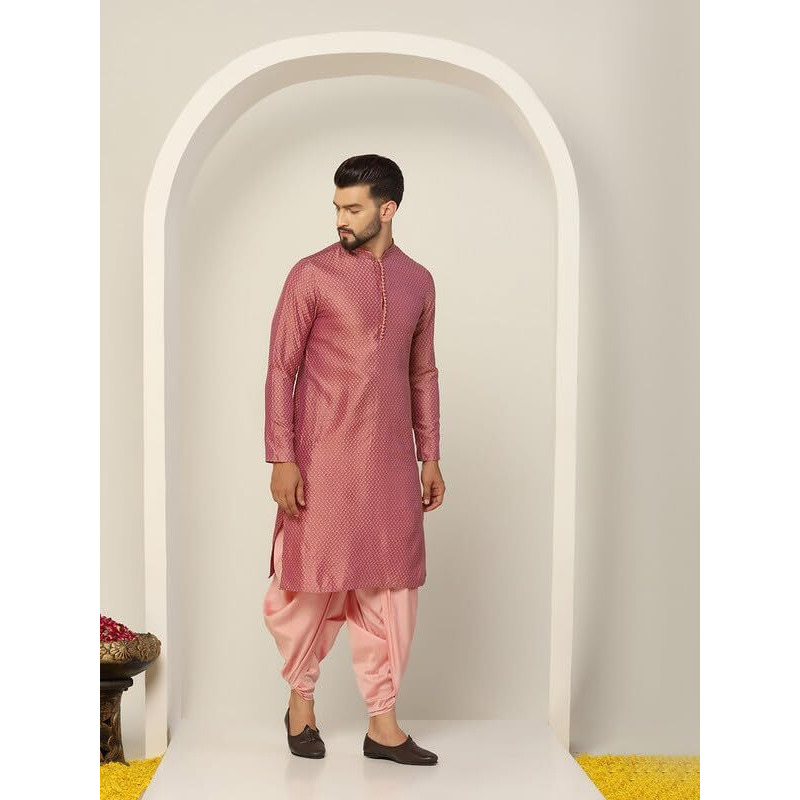 Kisah Men's Kurta Dhoti Set, Peach Silk Blend, Woven Design Regular Fit Mandarin Collar Long Sleeves (S)