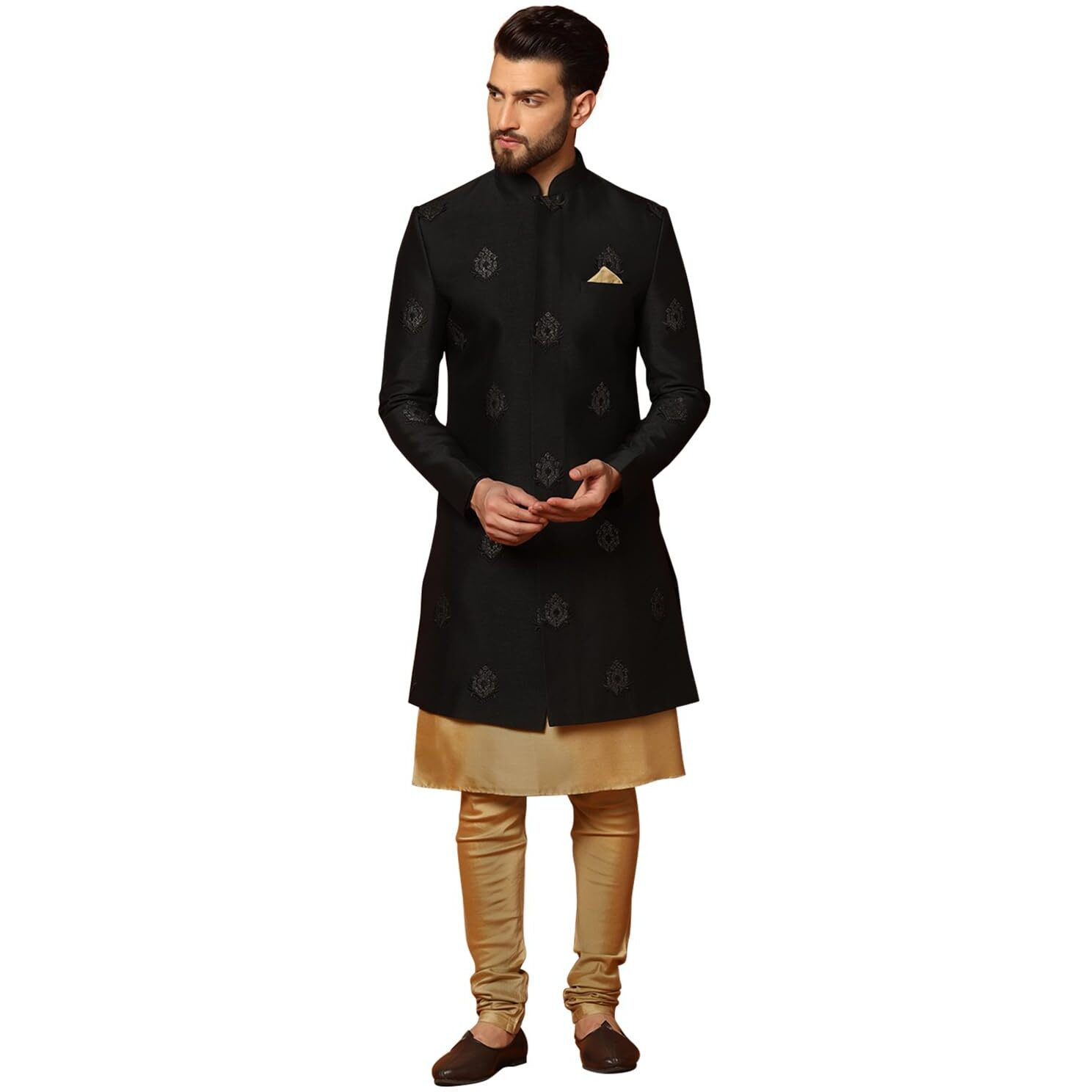 Kisah Men's Black And Golden Indo-Western Kurta Sherwani Churidar Set Cotton Silk Full Sleaves, Knee Length, Straight, Regular Fit, Mandarin Collar Ethnic Wear