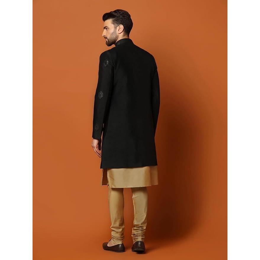 Kisah Men's Black And Golden Indo-Western Kurta Sherwani Churidar Set Cotton Silk Full Sleaves, Knee Length, Straight, Regular Fit, Mandarin Collar Ethnic Wear