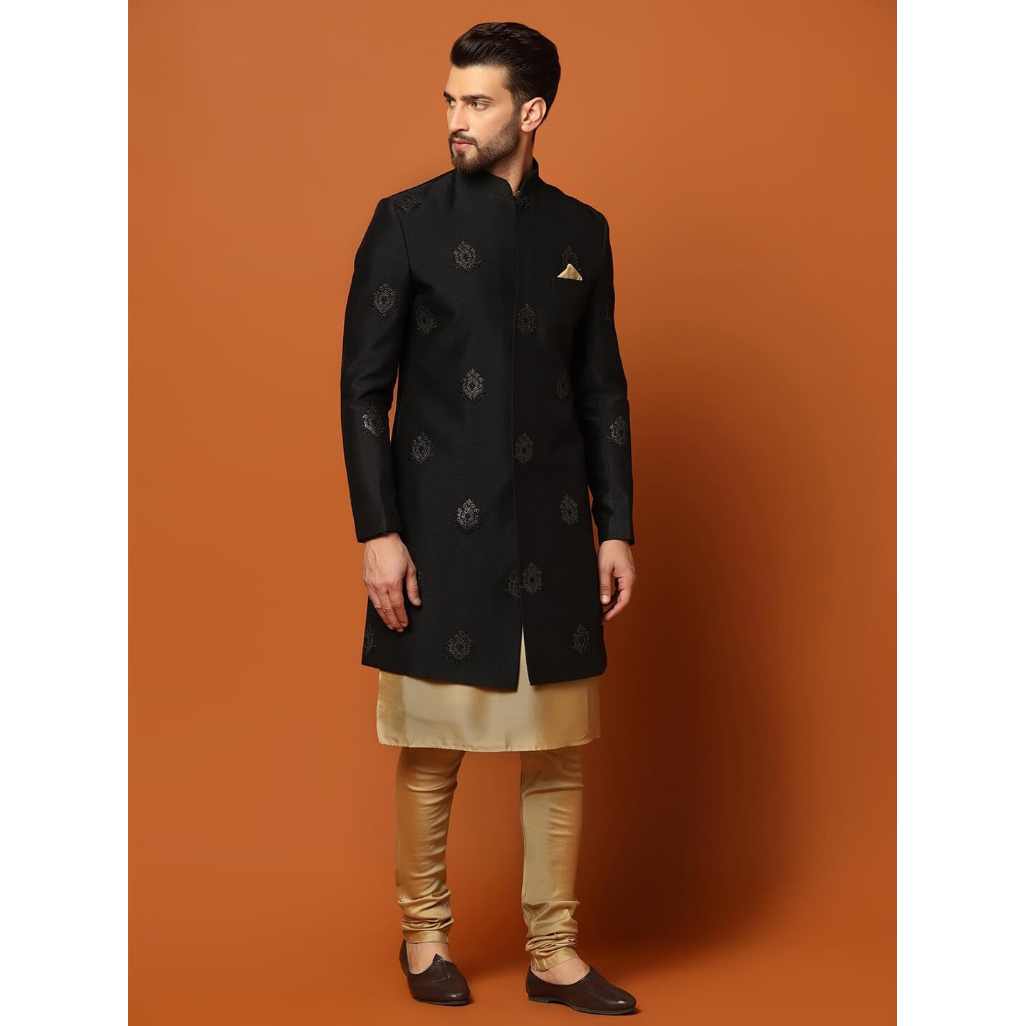 Kisah Men's Black And Golden Indo-Western Kurta Sherwani Churidar Set Cotton Silk Full Sleaves, Knee Length, Straight, Regular Fit, Mandarin Collar Ethnic Wear
