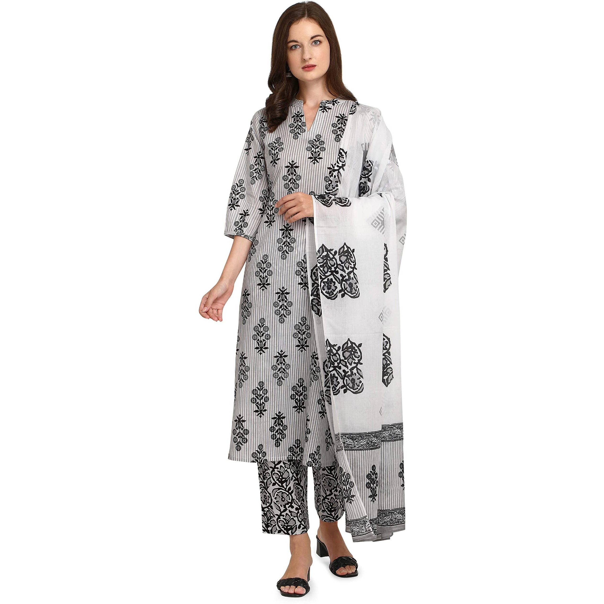 Fiorra Women's Black And White Cotton Kurta With Pant And Dupatta Set0028-S
