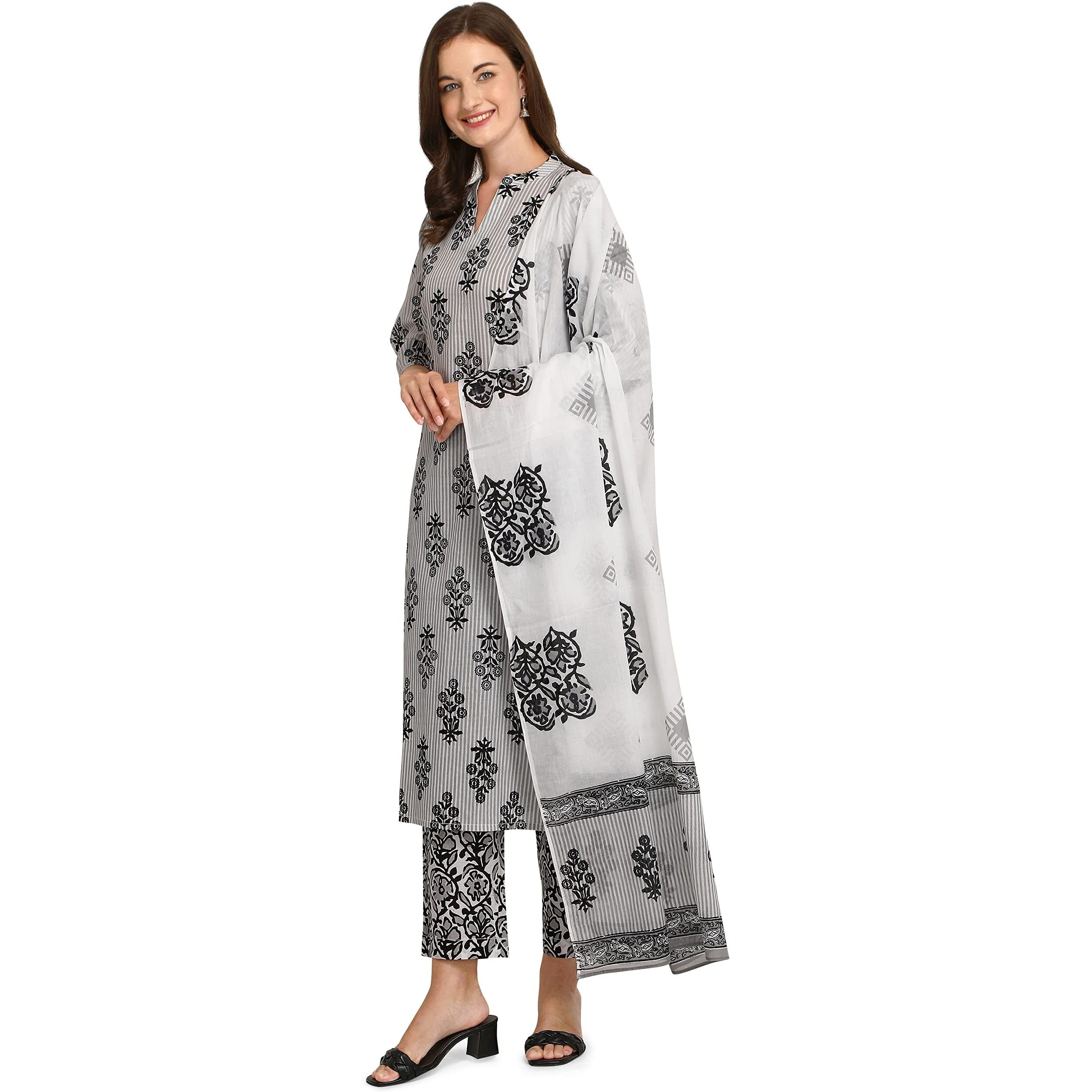 Fiorra Women's Black And White Cotton Kurta With Pant And Dupatta Set0028-S