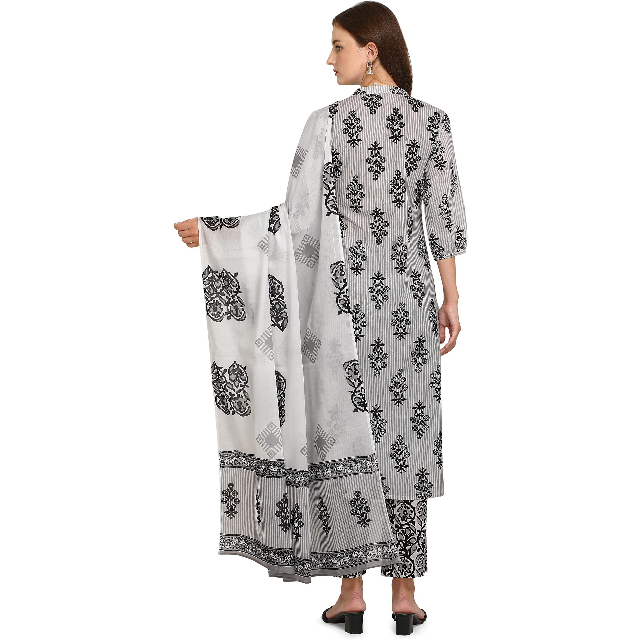 Fiorra Women's Black And White Cotton Kurta With Pant And Dupatta Set0028-S