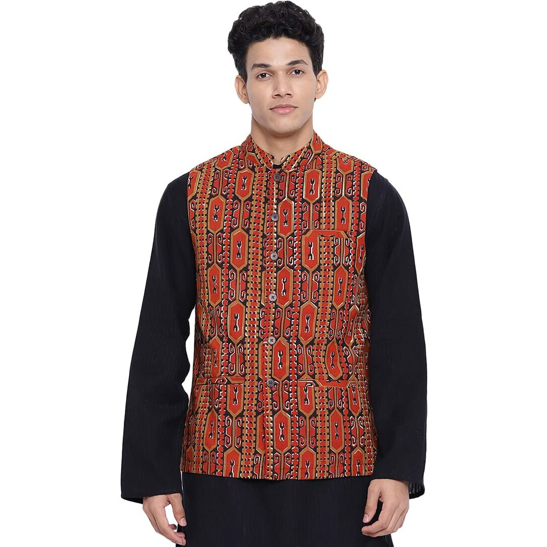 Fabindia Men Cotton Printed Nehru Jacket Red_L